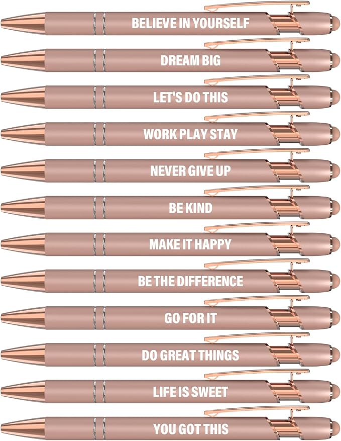 Actsun Funny Pens, 12 Pcs Rose Gold Fine Point Smooth Writing Pens, Inspirational Stylus Ballpoint Pens with Screens Touch Stylus Tips, Black Ink 1.0 Mm Gift Office Desk Accessories