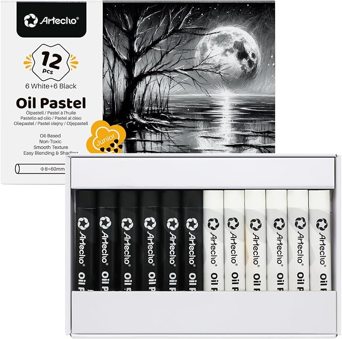 Artecho Oil Pastels Set of 12 PCS, 6 White and 6 Black (8 x 60 mm) | Soft Oil Pastels, For Art Painting, Drawing, Blending, For Artists, Beginners, Students, Teachers