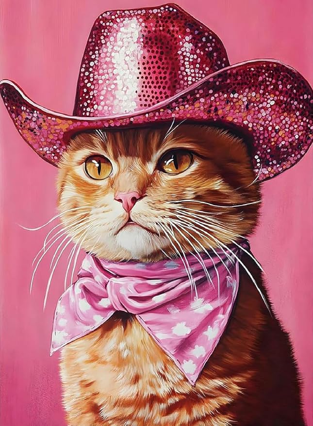 DAZZLEDOTS Cowboy Cat Diamond Art Kits for Adults, Pink Diamond Painting