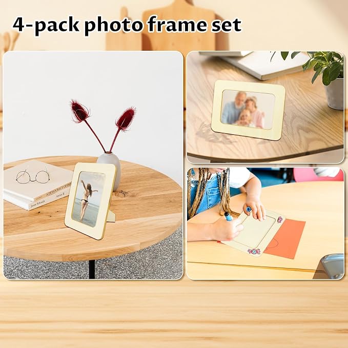 VOKOY 4 Pack Wooden Picture Frames for Crafts, 4x6 Inch Wood DIY Picture Frame for Crafting & Painting, Unfinished Standing Photo Frame Wood Decorations for Art Projects Birthday Gifts