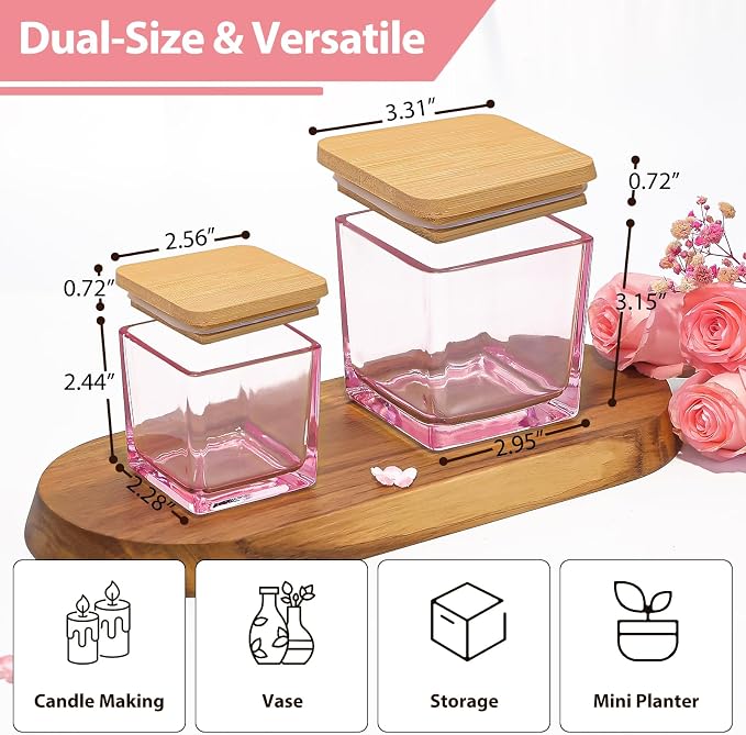 CONNOO 12 Pack 9oz & 3oz Pink Glass Square Candle Jars with Bamboo Lids