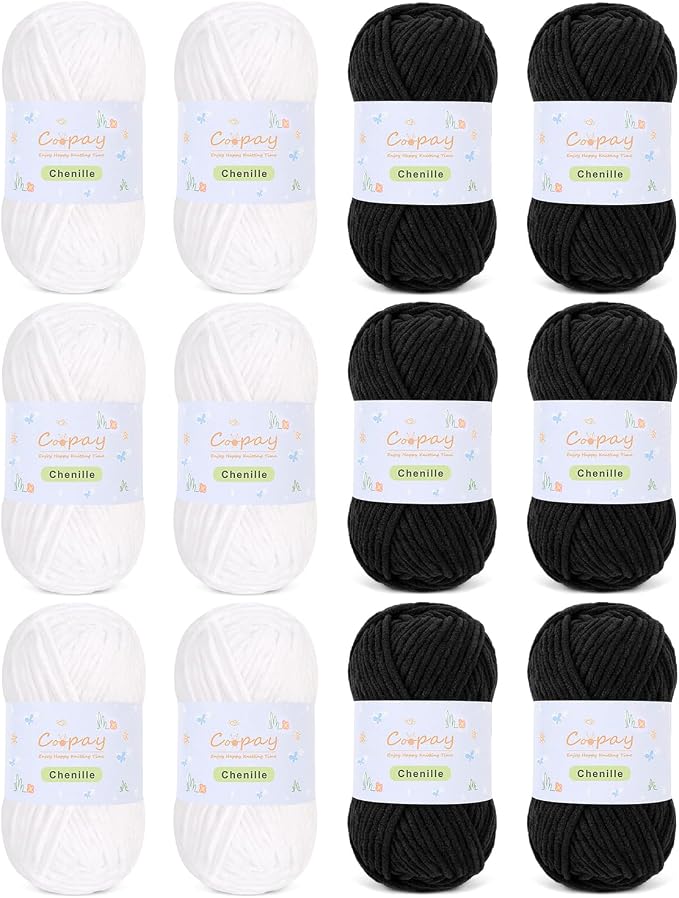 Coopay Chenille Yarn for Crochet, Medium Weight Yarn CYC #4, Black & White | Crochet Yarn Set - 600g Total, Soft Velvet Yarn for Colorful Crafts, Blankets, Plush Dolls, Decorative Handmade Works