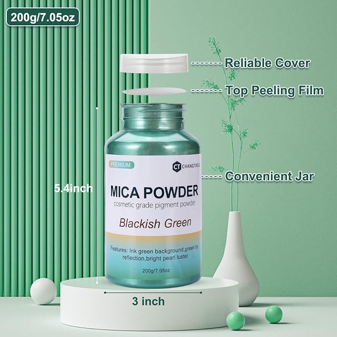 Mica Powder,7.05OZ（200g）,Blackish Green Mica Powder Pigment for Epoxy Resin，Lip Gloss，Paint，Dye，Soap Making，Nail Polish,Candle Making,Bath Bombs(Blackish Green)