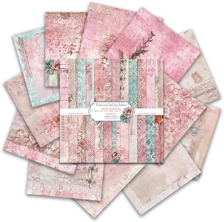 Pink Lace Scrapbook Paper Vintage Flower Pattern Papers Pad 12×12,24 Sheets Double-Sided Bobo Floral Scrapbooking CardStock Paper Pad for Holiday Cardmaking DIY Origami Papers.