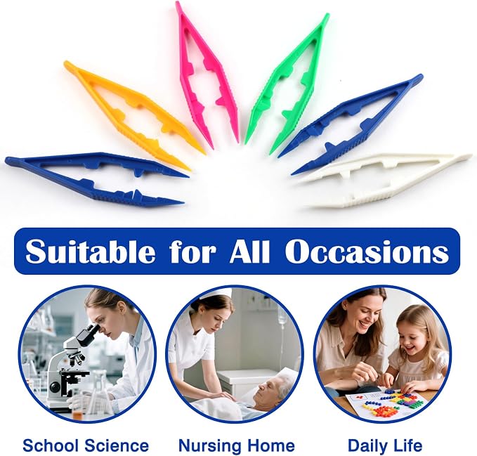 6-Piece Plastic Craft Tweezers for Kids – Non-Slip Bead & DIY Jewelry Making Tools (White, Pink, Blue, Yellow, Green)
