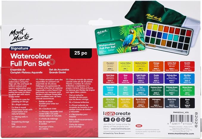 Mont Marte Watercolor Set Full Pan Signature in Tin, Vibrant 24 Colors, Multi-Color with Translucent Finish, Portable Watercolor Set