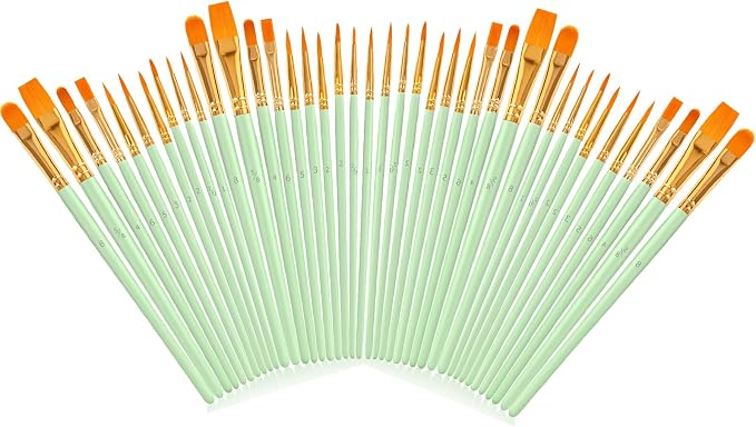 Soucolor Watercolor Paint Brushes Set, 40 Pcs Pointed Tip Painting Supplies | Acrylic Painting Oil Watercolor Halloween Pumpkin Ceramic Crafts Supplies Rock Body Face Nail Art, Mint Green