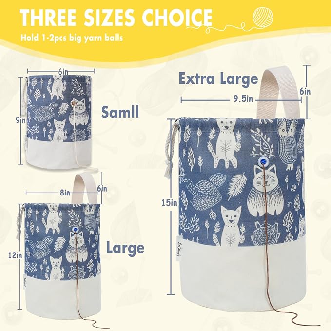 Yarn Bag, Large Crochet Bag Organizer, Drawstring Yarn Storage Knitting Bags, Portable Mini Yarn Holder for Crocheting Project, Store Skein Ball, Needles Accessories (Navy Blue, Extra Large)