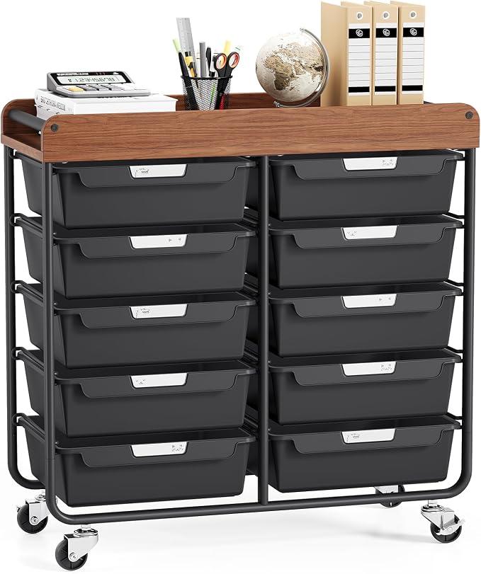 10 Drawers Rolling Cart with Wooden Tabletop, Utility Storage Cart with Wheels, Art Supply Craft Organizer on Wheel with Metal Frame & Handles for Home Office School,Black | Easy Setup, Large Capacity, Sturdy Build, Lockable Mobility, For office, class...