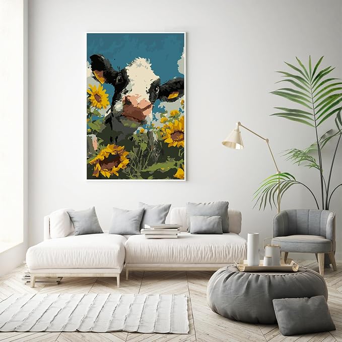 Framed Paint by Numbers Kit for Adults Beginner & Kids Ages 8-12, Funny Animal Cow Adult Paint by Number Kits on Canvas with Frame, DIY Number Painting for Adults for Home Wall Decor Gift 8 x 12 Inch