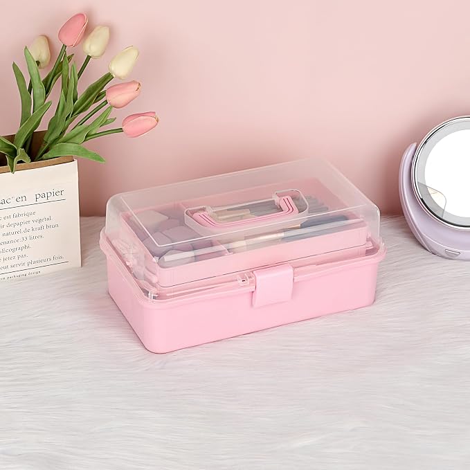 BTSKY 3-Layer Plastic Dividing Storage Box Craft Organizer and Storage | Portable Handled Art Supply Organizer with Adjustable Spacers Multipurpose Home Utility Box for Medicine, Sewing(Pink)