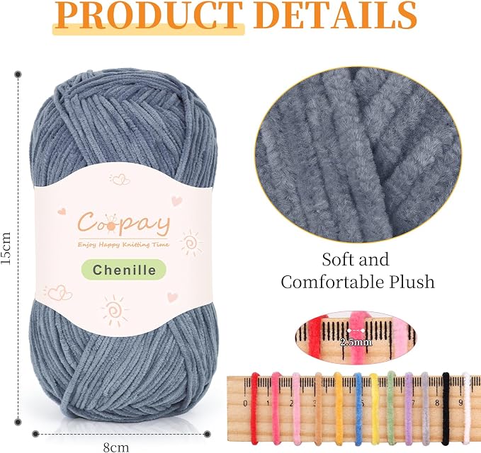 Coopay Skinny Chenille Yarn for Crocheting & Knitting, Black & Grey | Crochet Yarn Set - 600g Total, Velvet Yarn for Colorful Crafts, Blankets, Plush Dolls, Decorative Handmade Works