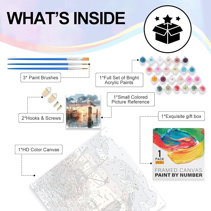 Seagull Framed Paint by Numbers Kit for Adults Beginner & Kids Ages 8-12 | With Frame Canvas 10x10 inch, DIY Acrylic Painting by Numbers Sunset, Stress Relief Craft Kits, Home Wall Decor Gift