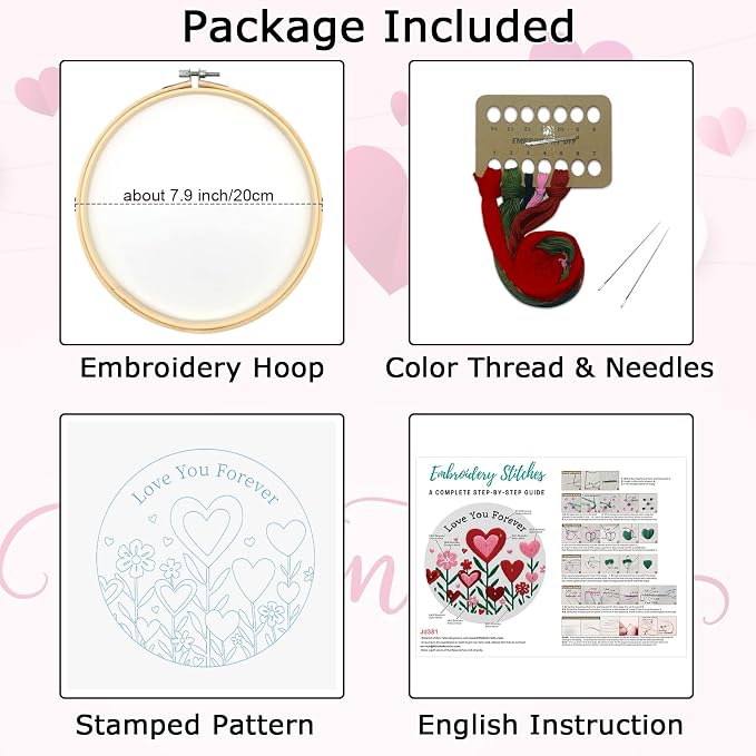 Nuberlic Valentine Embroidery Kit for Beginners Adults | Heart Floral Design Starter Cross Stitch Kit DIY Needlepoint with Hoop, Pre-Printed Fabric, Threads & Step-by-Step Guide