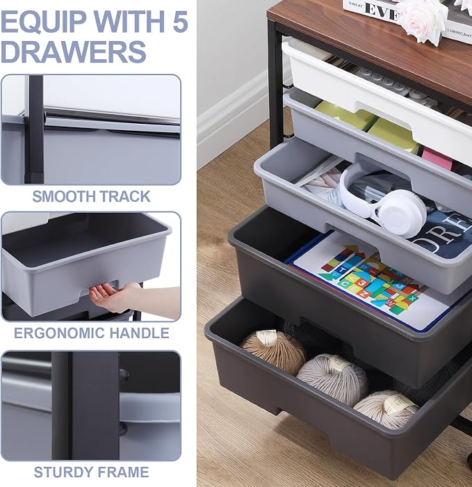 SYKIARIOL Utility Cart with Drawers,5 Drawers Storage Cart,Dark Grey | 5-Tiers Storage Cart with Drawers with Lockable Wheels for Craft Organizers and Storage,Home Office,Classroom,Dorm,Playroom