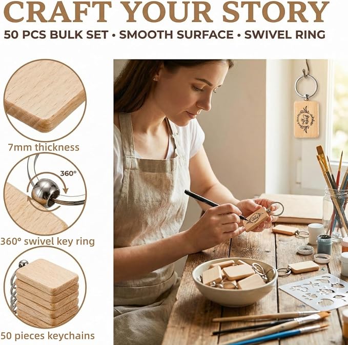 WRINGKIT 50 Pieces Wood Keychain Blank, Rectangular | Unfinished Laser Engraving Blanks with Key Rings, Keychain Ring Tag Wood Sign Bulk for DIY Crafts, Pet Gift Tags
