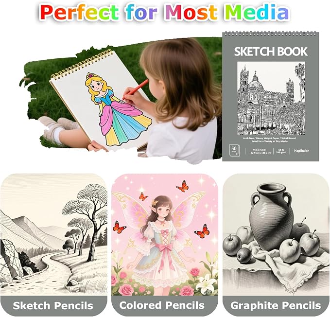 Hapikalor 9"x12" Sketch Book, 2-Pack 50 Sheets Spiral Bound Art Sketchbook | Acid Free Artist Drawing Book Paper, Art Supplies for Kids, Sketch Paper for Drawing Coloring Sketching, Green