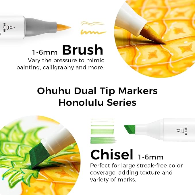 Ohuhu Alcohol Markers 24 Colors Brush& Chisel for Adults Coloring Honolulu