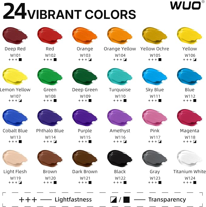 WUO 24 Colors Acrylic Paint Set, 250ml/8.45oz Professional Acrylic Paint | Large Bulk Rich Pigment Non-Toxic Multi-Surface Art Supplies for Artists Beginners Adults on Canvas Wood Rock Ceramic Crafts