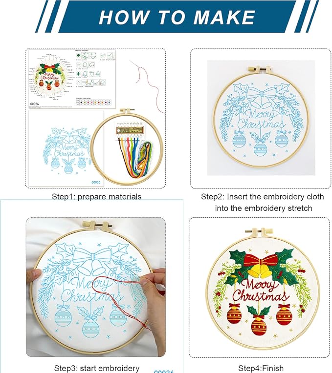 Zhenqing Merry Christmas Embroidery Kit for Beginners, Red Bells and Ornaments Craft Set with 20cm Hoop, Printed Design on 29x29cm Cotton Fabric, DIY Holiday Wall Art (C0036)