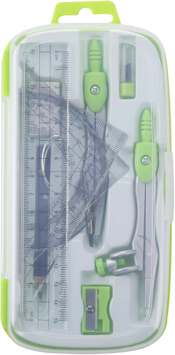 Unjoo Math Geometry Set 10 Pcs, Compass and Protractor for Students(Green) | Shatterproof Storage Box,Rulers,Protractor,Compass,Eraser,Pencil Sharpener,Lead Refills,Pencil,for Classroom, Back to School
