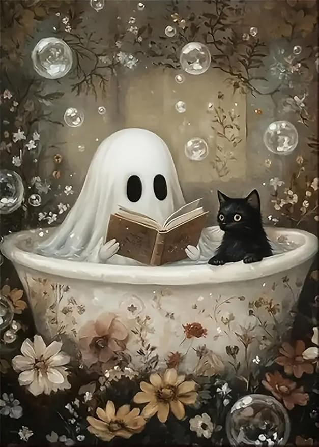 LKHMVCA Halloween Ghost Read Cat Flower Paint by Number Kits for Adults, DIY Paint by Numbers Kits for Adults Beginners Without Frame, Acrylic Paint Canvas Painting Kits Art for Home Decor 16x20 Inch
