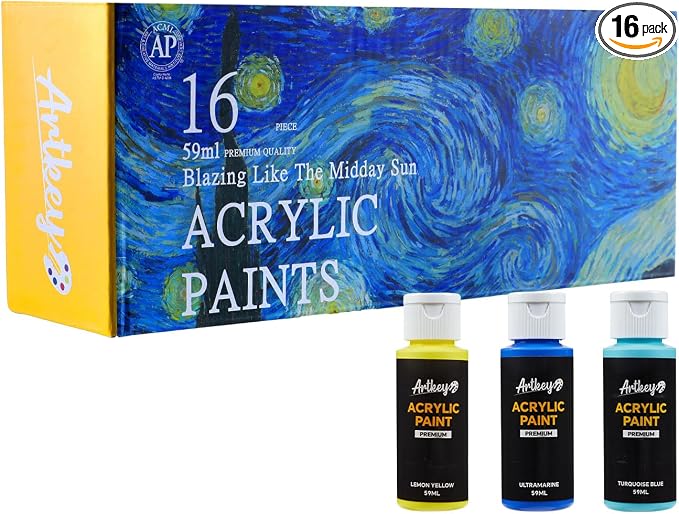 Artkey Acrylic Paint Set, 16 Colors 2 oz/59 ml Acrylic Paint Kit for Professional Artists & Beginners – Van Gogh Inspired “The Burning Sun” Palette for Canvas, Wood, Fabric, Rock, Leather, Ceramic, Glass