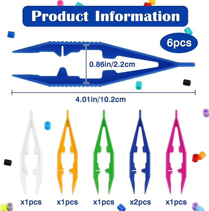 6-Piece Plastic Craft Tweezers for Kids – Non-Slip Bead & DIY Jewelry Making Tools (White, Pink, Blue, Yellow, Green)