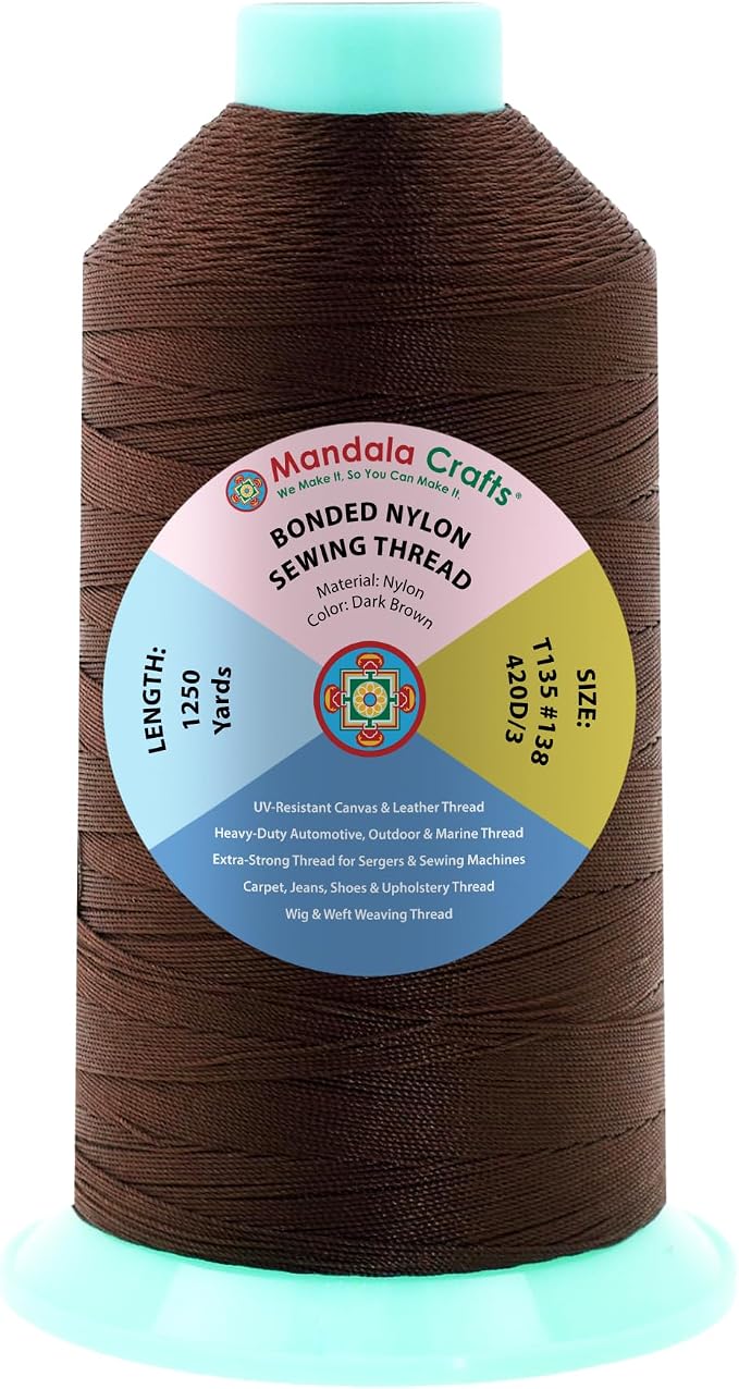 Mandala Crafts Size 138 420D T135 Dark Brown Bonded Nylon Thread, 1250 YDs