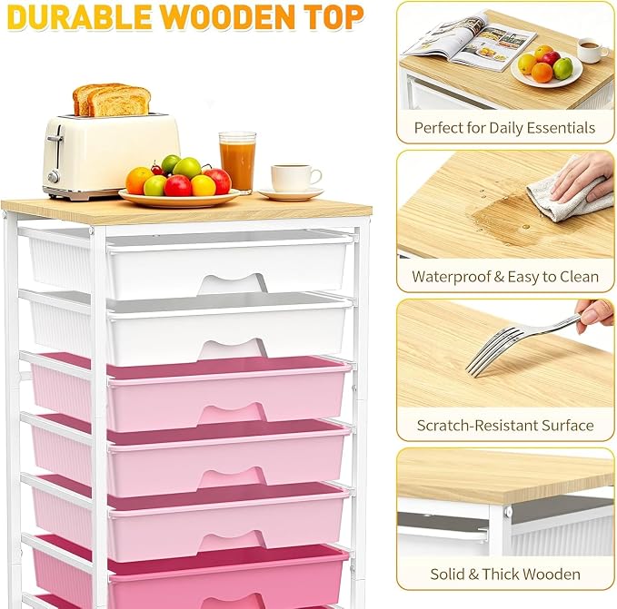SUNALLY Rolling Cart With 8 Drawers, Storage Drawer Cart for Craft Art,Pink | Storage Utility Cart with Wooden Tabletop & 2 Lockable Wheels, Teacher Storage Cart for Classroom School Storage, Makeup,Nail