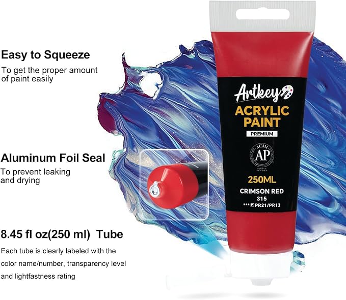 Artkey Acrylic Paint - Crimson Red (250 ml/8.45 oz) Tubes, Rich & Vibrant Pigments, Professional Artists Acrylic Paints - Art Supplies for Canvas Wood Rock Clay Fabric Ceramics Art Crafts Painting