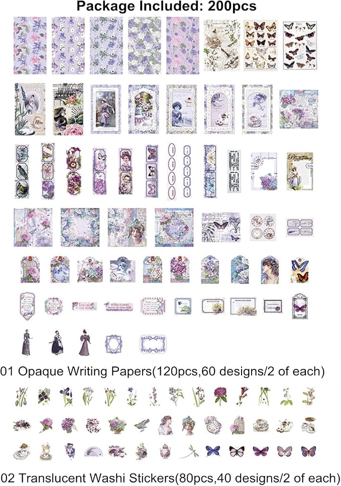 Esweny 200PCS Vintage Scrapbooking Supplies Pack, Aesthetic Scrapbook Sticker Paper Art Journaling Kit for Junk Journals,Planner,Cottagecore Decor Gifts (Purple Series)