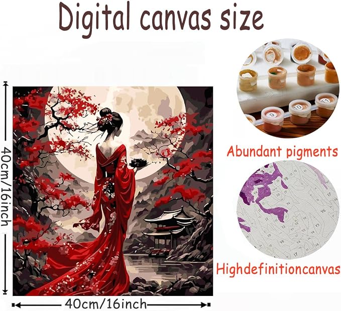 OJTOYART Paint by Number Kits for Adults, Oriental Lady & Moon Paint by Number Kits on Canvas, DIY Acrylic Watercolor Oil Colorful Painting by Number for Adults Home Decor 16 x 16 Inch
