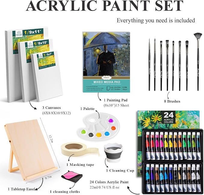 Inburit Acrylic Paint Set for Kids & Adults, Art Supplies Kit with Canvas