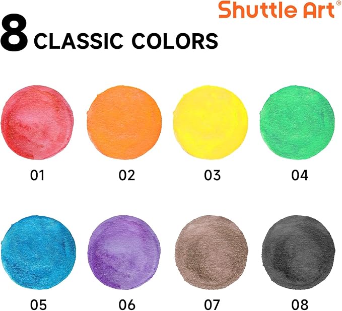 Shuttle Art 60 Pack Watercolor Paint Set, 8 Colors with Paint Brushes & Color Wheels, Washable for Kids & Adults, Suitable for Classroom, Parties, Kindergarten & Art