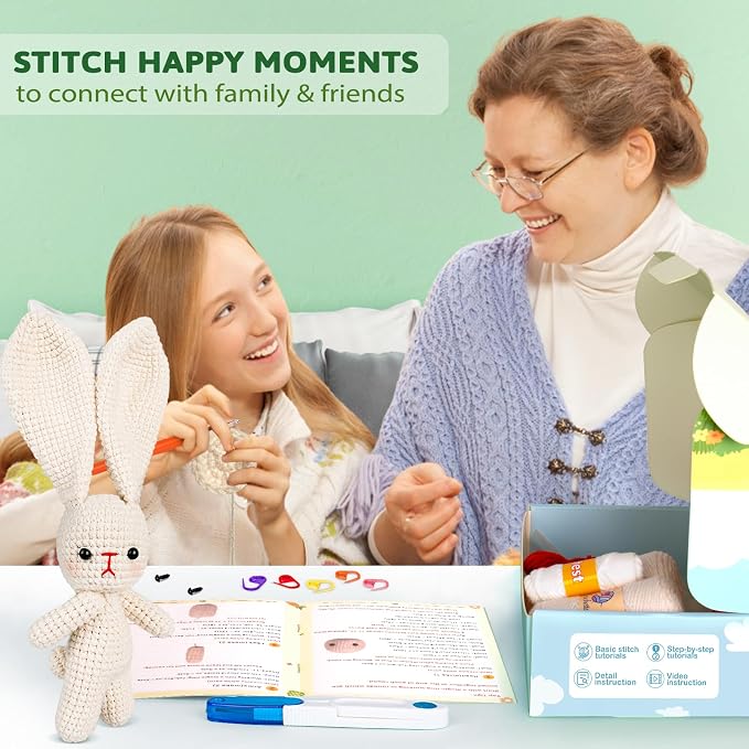 Crochetta Crochet Kit for Beginners, Crochet Starter Kit w Step-by-Step Video Tutorials, Beginner Crochet Kit Knitting Supplies for Adults, Crochet Bunny(40%+ Yarn)