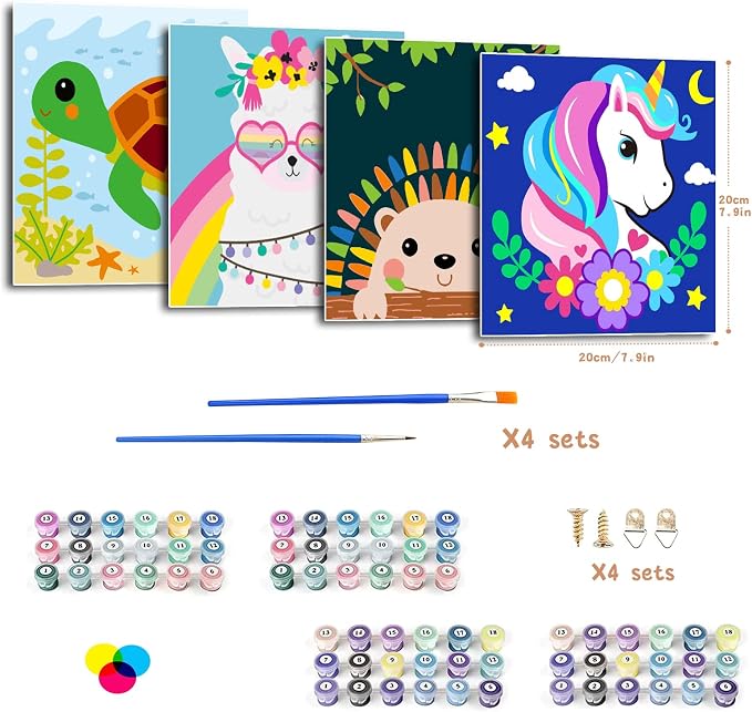 CarlonLin Framed 4 Pack Paint by Number for Kids, Paint by Numbers for Kids Ages 8-12, Paint by Numbers Kits Children Beginner, DIY Acrylic Oil Painting for Home Wall Decor (8x8inch)