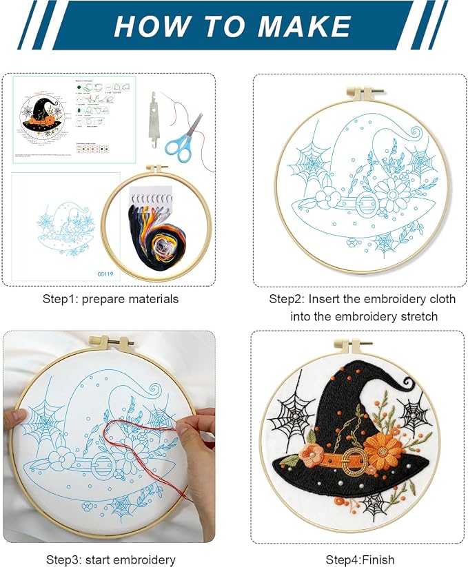 Zhenqing Halloween Witch Hat Embroidery Kit for Beginners, Black Witch Hat Needlework Kit with Pre-Printed Cotton Fabric, Hoop, Threads & Tools, Spooky Fall Decor (C0119)