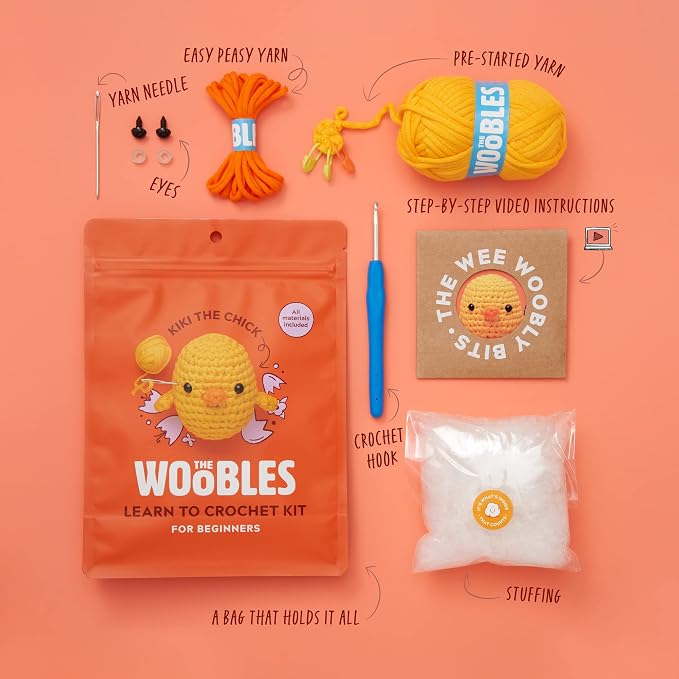The Woobles Crochet Kit for Beginners (Kiki the Chick) | As seen on Shark Tank, Kit includes: Easy Peasy Yarn, pre-started piece, hook, safety eyes, stuffing, video tutorials