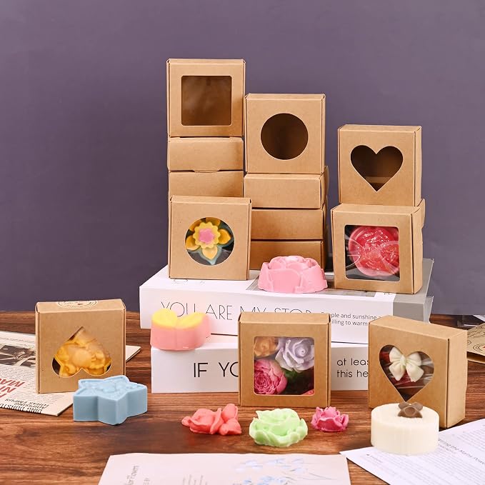 Moukiween Soap Boxes for Homemade Soap, Soap Packaging Gift Box with Window | 2.95 X 2.95 X 1.18 Inch Soap Packaging Gift boxes Brown with Window, Small Square Soap Wrapping Boxes (30PCS)