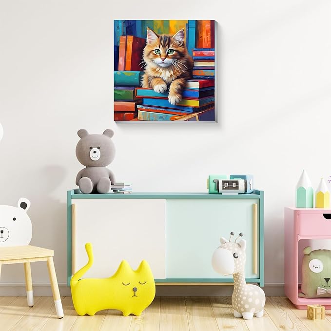 ajepon Cat Paint by Numbers Kit for Kids with Frame - Cute Cat Paint by Number for Kids, Cats Kid Painting by Number Kits Age 6-8 for Home Wall Decor 8X8inch (with Wooden Easel)