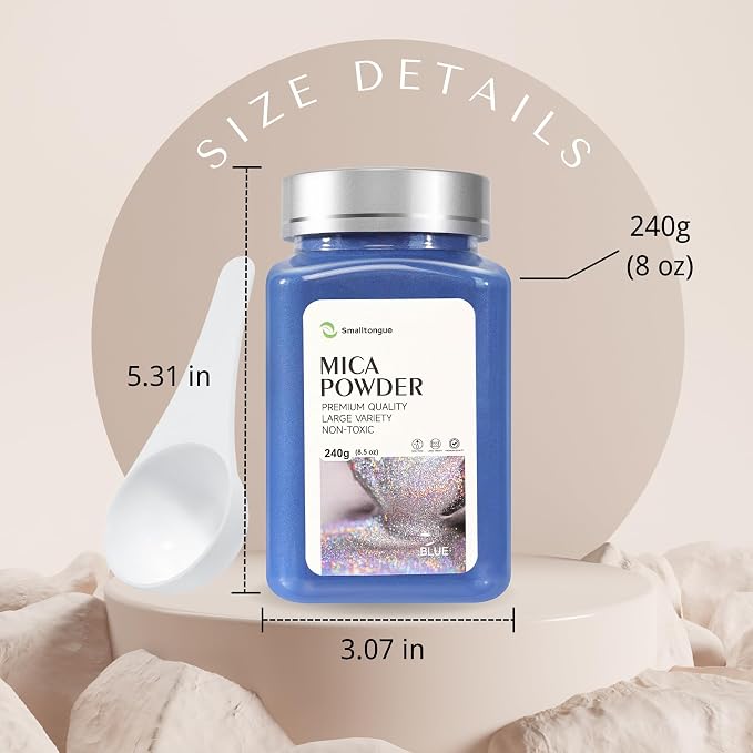 Mica Powder, Blue, 240g with Scoop, Complies with ASTM D-4236 | For Epoxy Resin, Soap, Bath Bomb, Candle| Safety Material| Odorless| Brilliant Colors