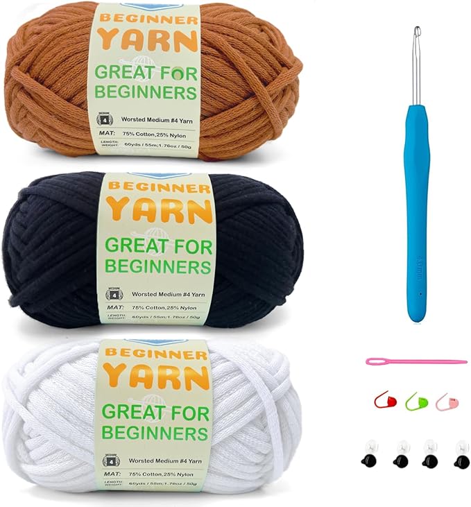 3 * 50g/1.76oz Yarn for Crocheting and Knitting, 3 * 60yds Beginner Yarn with Easy-to-See Stitches; Worsted-Weight Medium #4;Amigurumi-Friendly Crochet Kit(Coffee+Black+White)