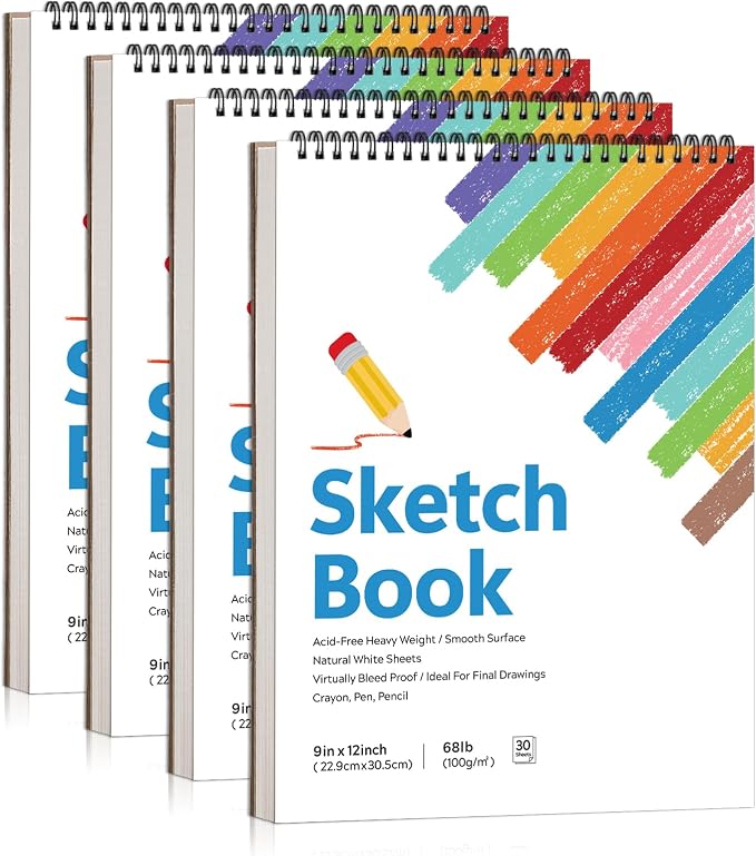 Sketch Book 9 x 12 Inch Drawing Pad for Kids Adults Beginners Acid Free Paper Spiral Bound Sketchbook for Drawing Colored Pencils Charcoal Pastels Art Class Travel