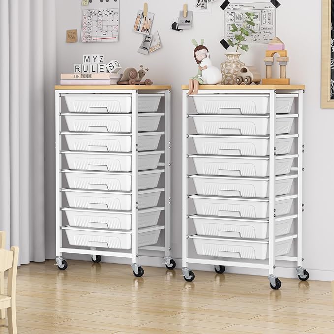 caktraie 8-Drawers Rolling Cart, Craft Storage Utility Cart, White layer