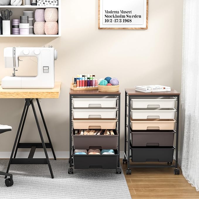SYKIARIOL Rolling Cart with Drawers, 5 Drawers Utility Cart, Dark Brown | 5-Tiers Storage Cart with Drawers with Lockable Wheels for Craft Organizers and Storage,Home Office,Classroom,Dorm,Playroom