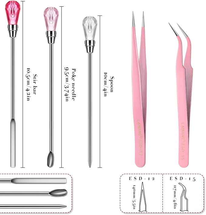 Maitys 11 Pieces Resin Spoon Tools Kit, 9 Pieces Stirring Poke Needle Scoop and 2 Pieces Tweezers for Glitter and Silicone Resin Mold Jewelry Making