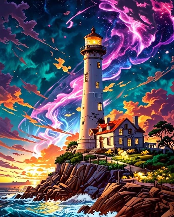 GEEHEIY Paint by Numbers Kit for Adults, Lighthouse Aurora, 16 x 20 Inch | DIY Adult Paint by Number Kit on Canvas for Beginners, without Frame, Coastal Wall Decor, Stress Relief Craft Gift