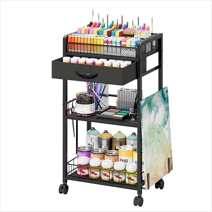 Homsorout 3 Tier Rolling Cart - Metal Utility Cart with Storage Drawer and Wheels, Versatile Art & Craft Organizer for Home, Office, or Studio Ideal for Storing Brushes, Paints, and Supplies Black