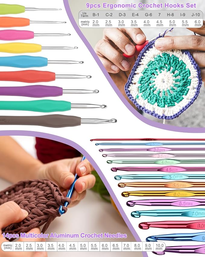 Aeelike Crochet Kit for Beginners Adults Kids, Complete Crochet Set, Purple | Crochet Kit for Beginners Young and Old, All-inclusive Kit with Crochet Hooks 655 Yards Yarn Instruction Knit Bag, Ideal Gift